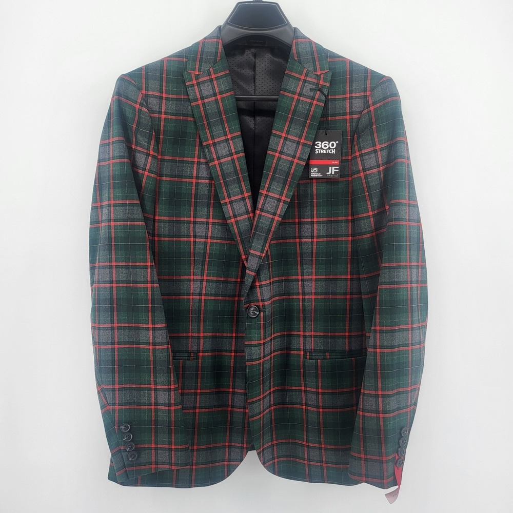 JF J Ferrar Men's Slim Fit Plaid Blazer Jacket Green Red Tartan  Small 34/36 Sh